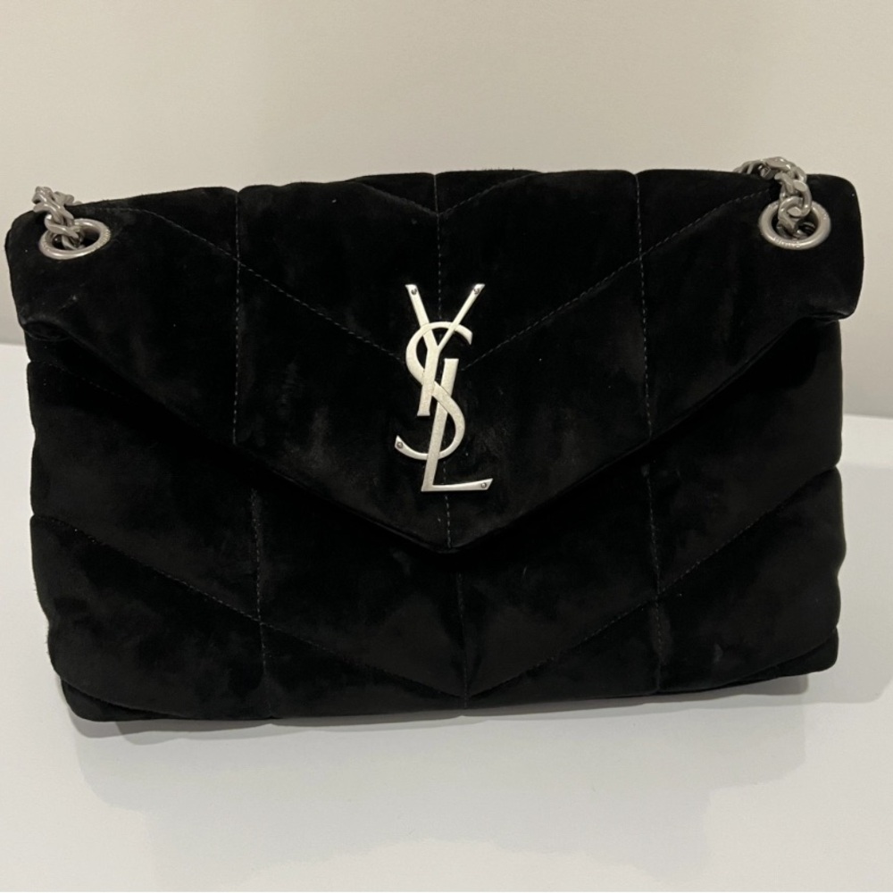 Saint Laurent Black Suede Small Loulou Puffer Shoulder Bag